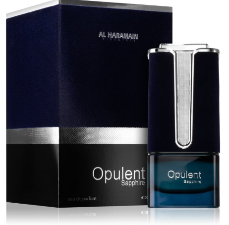 Al Haramain Opulent Sapphire Eau de Parfum bottle next to its dark blue and black packaging box, featuring a metallic silver accent on the bottle.