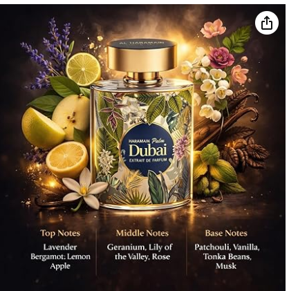 A decorative perfume bottle labeled 'Al Haramain Dubai palm Extraite de Parfum' is centered against a dark, warm background with citrus fruits, flowers, and botanical illustrations. Below the bo ttle, text lists top, middle, and base notes in French.