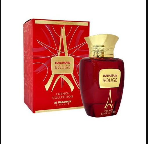 Al Haramain French Collection Haramain Rouge perfume bottle and its red packaging box, featuring gold accents and the Eiffel Tower design on a white background.