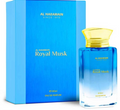 Al Haramain Royal Musk Eau de Parfum bottle with a yellow cap next to its blue packaging box.