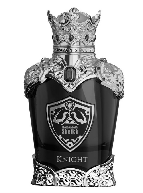 Haramain Sheikh Knight cologne bottle, featuring a glossy black body adorned with ornate silver metallic armor details, a crown-shaped cap, and a central shield emblem.