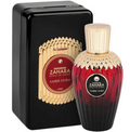 A bottle of Maramshah Maramshah Zahara Amber Dubai Eau de Parfum next to its black rectangular presentation box with a gold and red label, on a white background.