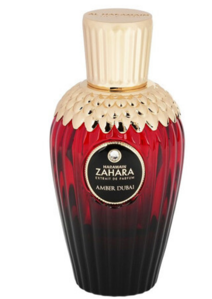 Madamain Zahara Amber Dubai Tinted Perfume bottle, featuring a deep red and black gradient fluted glass body with a textured gold neck and a ribbed gold cap.