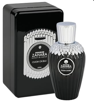 A bottle of Zahara Oudh Dubai perfume next to its black rectangular box, both featuring silver and black detailing on a white background.