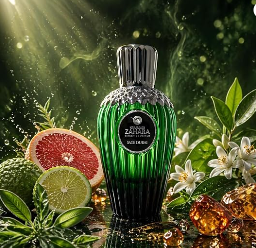 A ribbed green glass perfume bottle with a silver cap, labeled AL HARAMAIN SAGE DUBAI surrounded by citrus slices, white flowers, and amber crystals on a dark green background.
