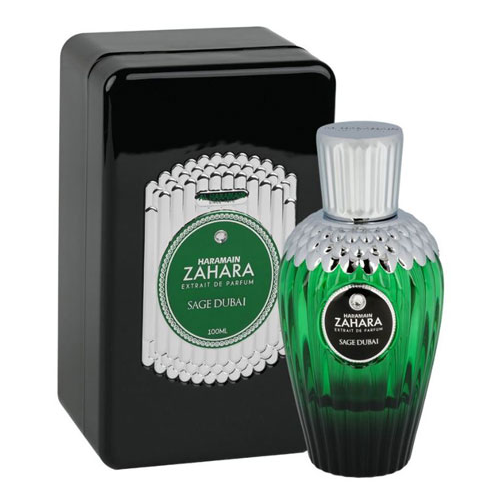 Haramain Zahara Sage Dubai perfume bottle with a green faceted glass body and silver cap, shown next to its black rectangular box with a silver and green label.