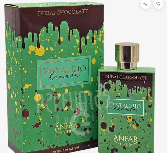 Anfar 1950 Pistachio kunafa unisex extrait de parfum bottle and its matching retail box, featuring a green and brown chocolate-drip design with yellow splatters.