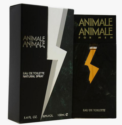 Animala Animale For Men Eau de Toilette packaging, showing a tall black box with a silver lightning bolt and a matching rectangular card featuring a yellow lightning bolt on a black background.