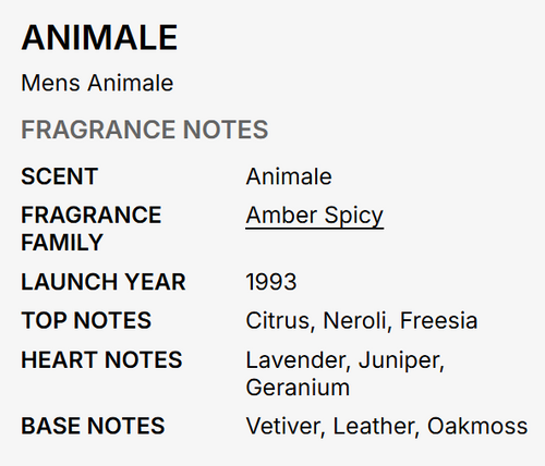 A text-based fragrance notes card for 'ANIMALE' by Mens Animale, showing the scent as 'Amber Spicy' with listed notes of Citrus, Neroli, Freesia, Lavender, Juniper, Geranium, Vetiver, Leather, and Oakmoss on a light gray background.