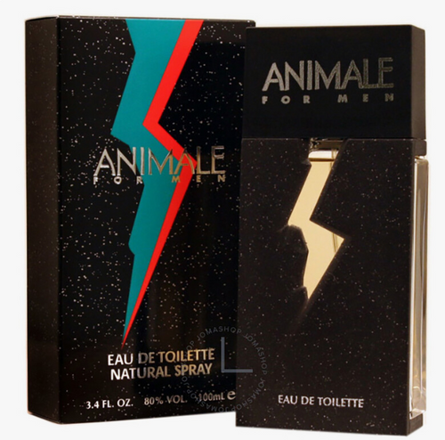 Animale For Men Eau de Toilette natural spray bottle and its retail box, both featuring a black starry background with a lightning bolt design in teal and red on the box, and a gold lightning bolt on the bottle.