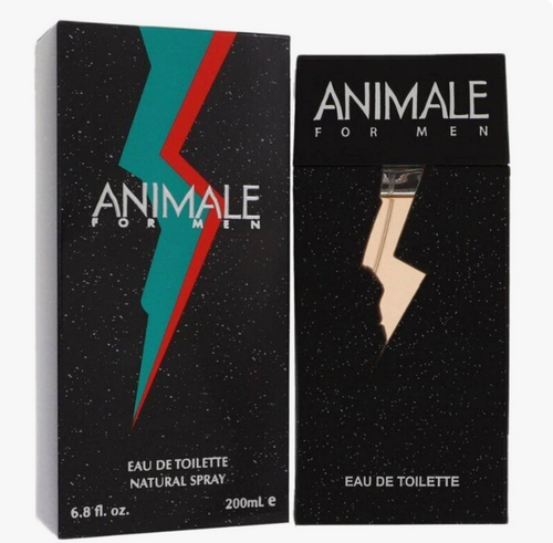 Animale For Men Eau de Toilette shown with its retail box and matching bottle. The packaging features a black speckled background with a bold lightning bolt design in teal and red on the box, and a metallic gold lightning bolt on the bottle.