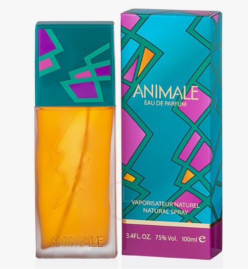 Animale Eau de Parfum bottle and its retail box, featuring a vibrant geometric pattern in teal, magenta, and purple with a golden-yellow liquid inside the clear glass bottle.