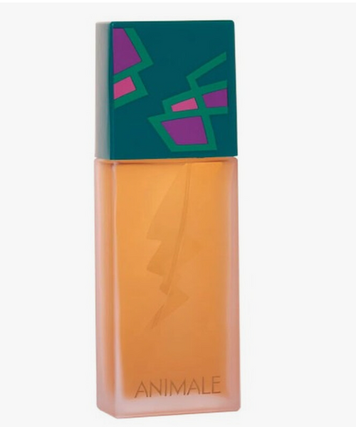 A rectangular bottle of ANIMALE Eau de Parfum with a translucent peach-colored body and a dark teal cap featuring a colorful geometric pattern in green and purple, on a light gray background.