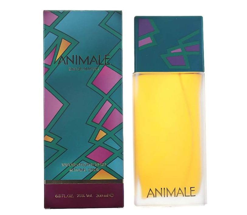 Animale Eau de Toilette perfume bottle and its packaging box, featuring a vibrant yellow liquid and a geometric patterned design in teal, purple, and magenta.
