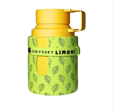 A yellow and lime green insulated water bottle with a leaf pattern, featuring the 'ODYSSEY LIMONI' brand name on the front.