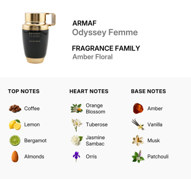 Product information card for ARMAF Odyssey Femme fragrance, showing a black bottle with a gold cap and handle on a white background, plus scent notes labeled Top Notes, Heart Notes, and Base Notes.