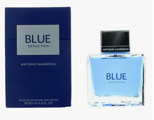 Antonio Banderas Blue Seduction Eau de Toilette shown with its dark blue box and clear glass bottle containing light blue liquid, on a white background.