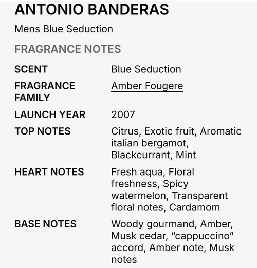 Antonio Banderas Blue Seduction Perfume for Men 3.4 oz EDT Spray fragrance note card UPC 8411061081150