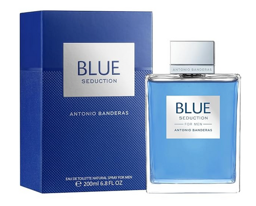Antonio Banderas Blue Seduction For Men eau de toilette spray bottle and its blue packaging box, displayed on a clean white background.