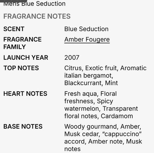 A text-based fragrance notes card for 'Mens Blue Seduction' by Antonio Banderas, detailing the scent family, launch year, top notes, heart notes, and base notes on a light gray background.