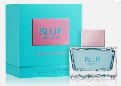 Antonio Banderas Blue Seduction Eau de Toilette bottle and its turquoise and pink packaging box, displayed on a clean white background.