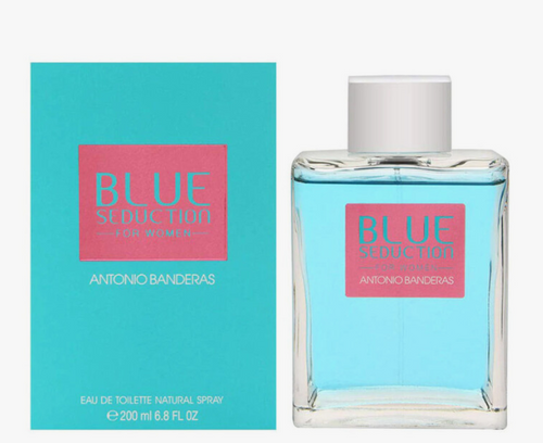 Antonio Banderas Blue Seduction Eau de Toilette bottle and its turquoise packaging box, featuring a pink label with turquoise lettering.