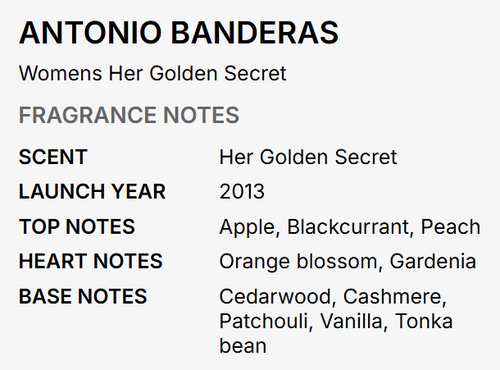 A text-based fragrance note card for Antonio Banderas 'Womens Her Golden Secret', listing scent, launch year, top notes, heart notes, and base notes on a light gray background.