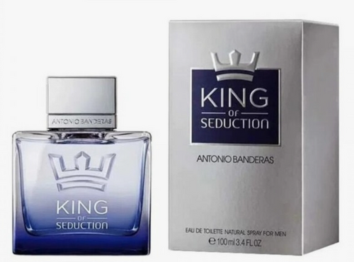 Antonio Banderas King of Seduction Eau de Toilette bottle and packaging box. The rectangular glass bottle features a blue-to-clear gradient with a silver cap and crown emblem.