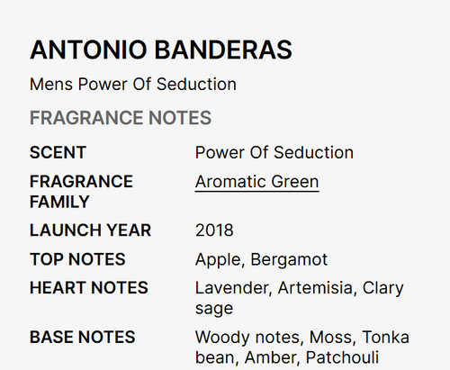 A text-based fragrance notes card for Antonio Banderas 'Mens Power Of Seduction', detailing scent, fragrance family (Aromatic Green), launch year, top notes, heart notes, and base notes on a light gray background.