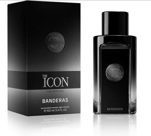 Antonio Banderas The Icon Perfume 100ml bottle and its black packaging box, featuring a dark gradient design with silver text and logo details.