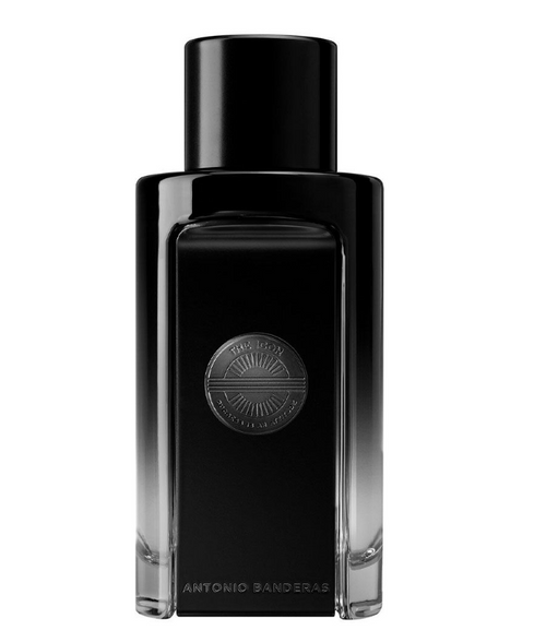 Antonio Banderas The Dark Room Eau de Toilette bottle, featuring a matte black rectangular glass body with a matching black cap and a silver circular logo on the front, set against a solid white background.