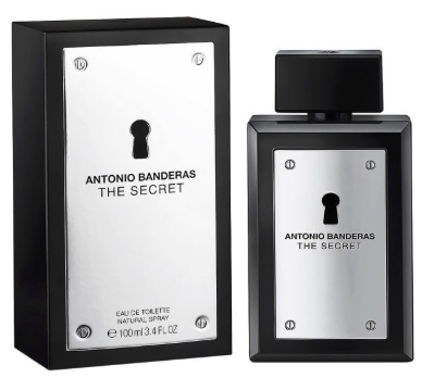 Antonio Banderas The Secret Eau de Toilette bottle and its packaging box, both featuring a black frame with a brushed silver metallic center panel and a keyhole graphic.