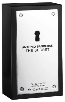Antonio Banderas The Secret Eau de Toilette spray bottle with a black body and a silver metallic front panel featuring a keyhole graphic.