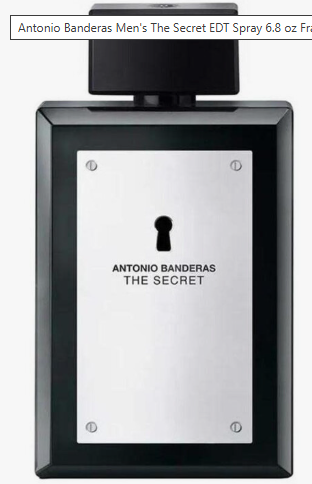 Antonio Banderas Men's The Secret EDT Spray 6.8 oz bottle, featuring a black rectangular body with a silver metallic front plate and a black cap, shown against a plain white background.