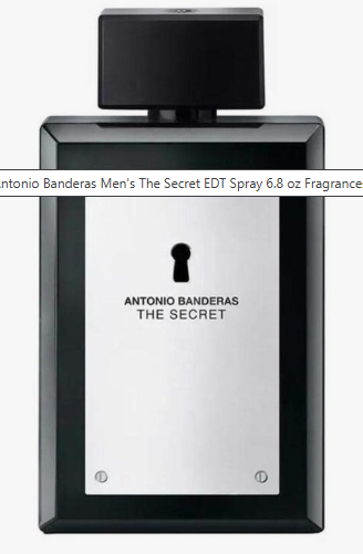 Antonio Banderas Men's The Secret EDT Spray 6.8 oz Fragrance bottle, featuring a black rectangular body with a silver front panel and a black cap, shown on a white background with a text overlay at the top.