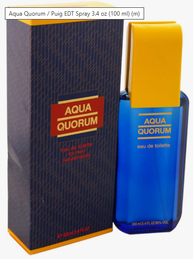 Aqua Quorum Eau de Toilette spray bottle and its retail box, featuring a bright blue bottle with a yellow cap and a dark blue patterned box with a red label.