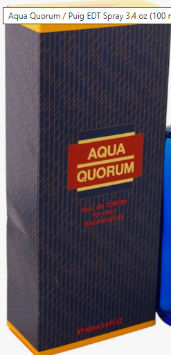 Aqua Quorum Eau de Toilette spray box in dark blue with gold diagonal lines, a red label with gold lettering, and a small blue spray bottle partially visible on the right.