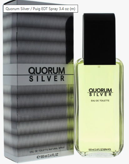 Quorum Silver Eau de Toilette perfume bottle and its packaging box, featuring a pale yellow-green liquid in a clear bottle with a black cap, next to a silver and black striped box.