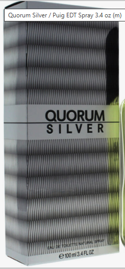 Quorum Silver Eau de Toilette spray bottle and its retail box, featuring a metallic silver and black striped design with a white band displaying the brand name.