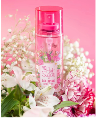 A pink body mist bottle labeled 'Pink Sugar Lollipink' surrounded by white and pink flowers against a solid pink background.