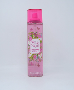 A pink spray bottle of Bath Body Works 'The Pink Sugar Lollipat Body Mist' on a light gray background.
