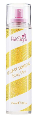 Pink Sugar Creamy Sunshine Body Mist in a 236 ml clear spray bottle with a pink spray top and a yellow and white glittery label.