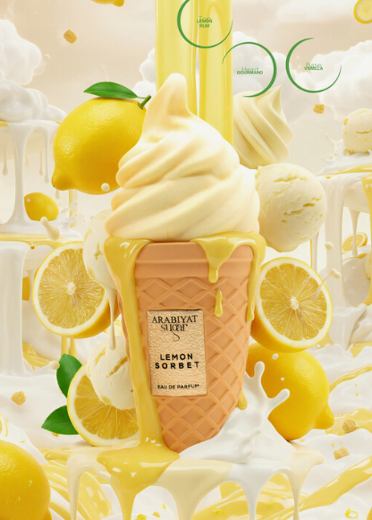 A decorative product render of a lemon sorbet soft-serve cone with a waffle-cone texture, surrounded by lemons, white cream, and syrup. The label reads 'ARABIYAT SIFEE' and 'LEMON SORBET'.