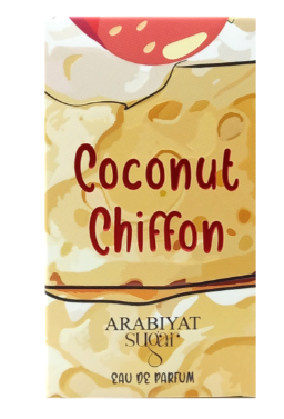 A rectangular perfume box labeled 'Coconut Chiffon' with Arabic text 'ARABIYAT SUGAR COCONUT CHIFFON' and 'EAU DE PARFUM'. The box features a warm yellow and beige tropical coconut illustration with red and cream accents.