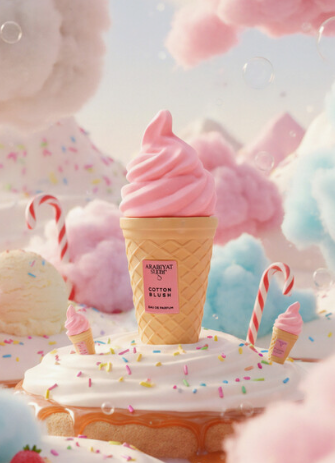 A pink soft-ice cream swirl in a waffle-cone container labeled Aribyat cotton blush , styled on a white whipped-cream surface with sprinkles, candy canes, cotton candy, and pastel clouds.