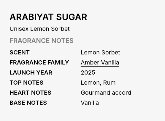 A text-based fragrance note card for ARABIYAT SUGAR Unisex Lemon Sorbet, listing scent as Lemon Sorbet, fragrance family as Amber Vanilla, launch year 2025, top notes Lemon and Rum, heart notes Gourmand accord, and base notes Vanilla on a light gray background.