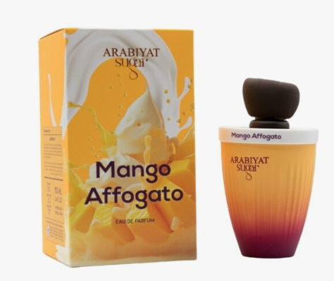 Arabiyat Mango Affogato Eau de Parfum bottle and its packaging box, featuring a vibrant orange and yellow gradient design with a dark brown cap.