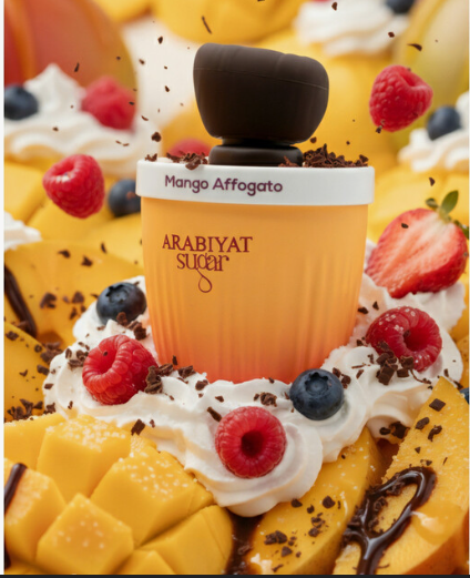 A close-up of a branded cup or container labeled 'Mango Affogato' and 'ARABIYAT SUGAR,' surrounded by whipped cream, raspberries, blueberries, mango pieces, chocolate shavings, and chocolate drizzle.