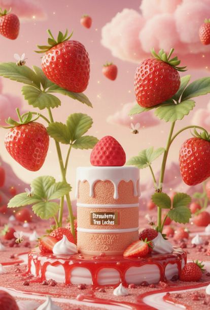 A stylized pink scene featuring a strawberry-themed cake or dessert stand in the center, surrounded by large strawberries, green leaves, whipped cream, and soft clouds. The front label reads 'Strawberry Tree Laces' and 'Ravitay Sugar Co.