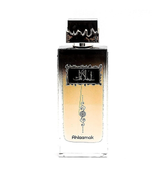 A rectangular glass perfume bottle with a black cap and a black-to-gold gradient label, featuring the brand name 'Ahla'amak' printed near the bottom, set against a plain white background.